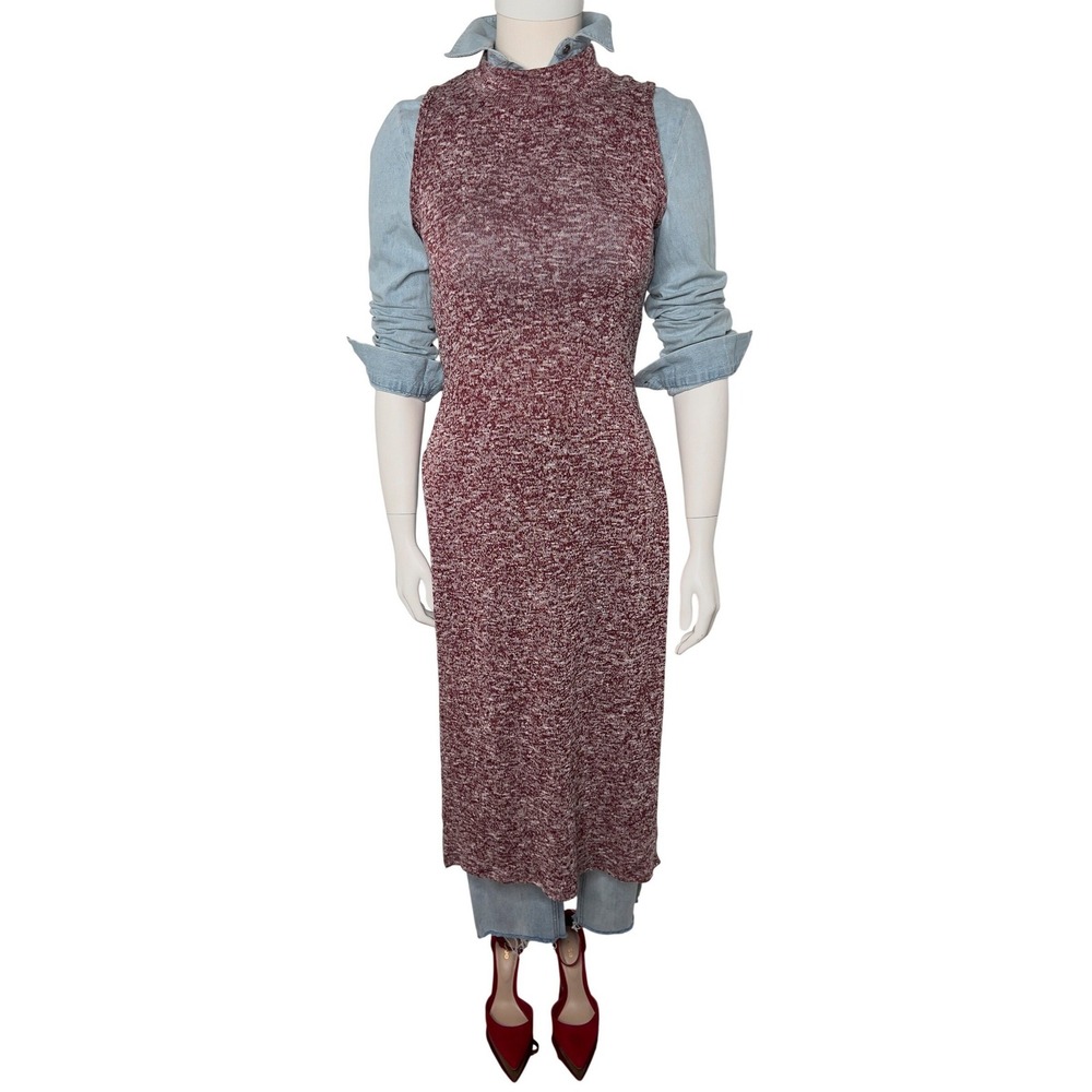 Gemstone Marled Knit Mock Neck Midi Dress Burgundy‎ White Sleeveless Small